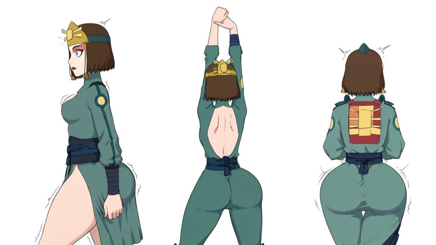 1girls ai_generated avatar_legends avatar_the_last_airbender back_view bubble_butt butt_focus earth_kingdom female flat_colors hourglass_figure multiple_images multiple_views simple_background suki widescreen