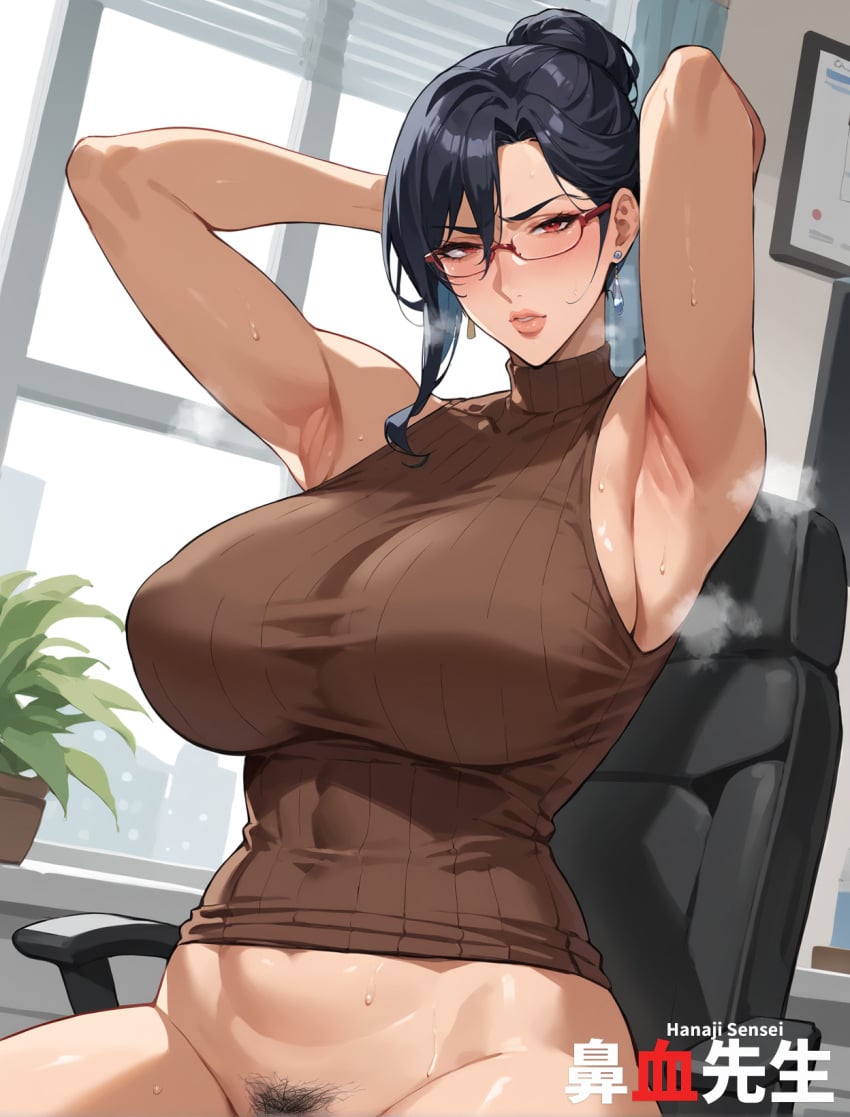 1girls ai_generated armpits black_hair glasses hanajisensei makai_kishi_ingrid mature_female mature_woman milf original_character pubic_hair red_eyes sleeveless taimanin_(series) teacher turtleneck 鼻血先生