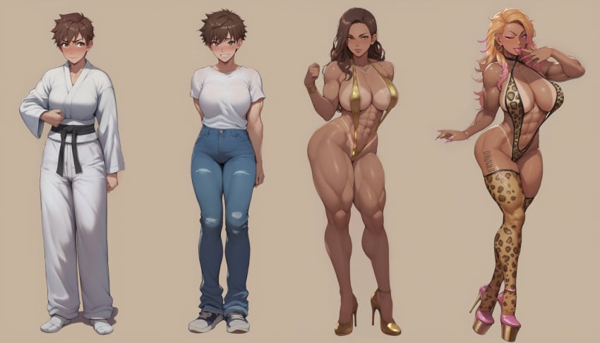 ai_generated ass_expansion bimbofication blonde_hair breast_expansion brown_eyes brown_hair brown_skin fdpdablizzard998 female hair_color_change hair_growth high_heels large_ass large_breasts leotard lip_expansion midriff muscular_female nails_painted navel platform_heels thick_thighs thigh_expansion toned toned_female tongue_out transformation transformation_sequence wide_hips wink winking_at_viewer