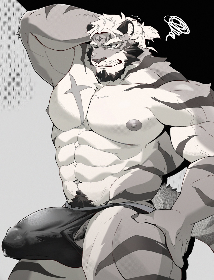 abs anthro beard biceps biped bodily_fluids bulge clothing erection erection_under_clothing facial_hair felid fur genital_fluids hair hi_res luodejun male mammal monochrome muscular muscular_anthro muscular_male navel nipples pantherine precum precum_through_clothing pubes scar tiger underwear wet wet_clothing