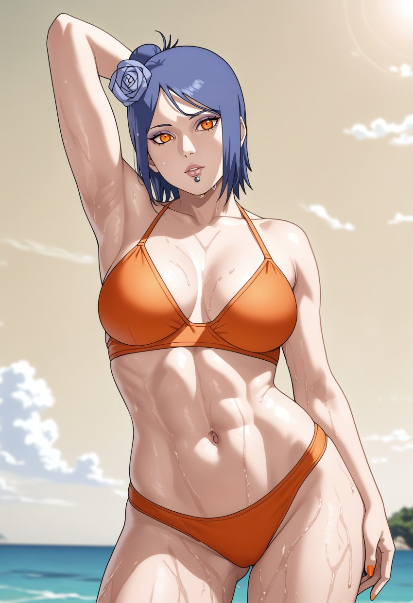 1girls abs ai_generated alternate_costume arm_behind_head arm_up armpits arms_behind_head beach bikini blue_hair blush cleavage closed_mouth curvaceous curvy curvy_body curvy_female curvy_figure donkai dusk embarrassed flower flower_in_hair hair_ornament konan konanai mature mature_female nai_diffusion naruto naruto_(series) naruto_shippuden nature one_arm_up orange_bikini orange_eyes outdoors partially_submerged pinup pose posing posing_for_the_viewer river seductive seductive_eyes seductive_look seductive_pose stable_diffusion sunset swimsuit toned toned_female upper_body voluptuous water wet wet_body wet_skin