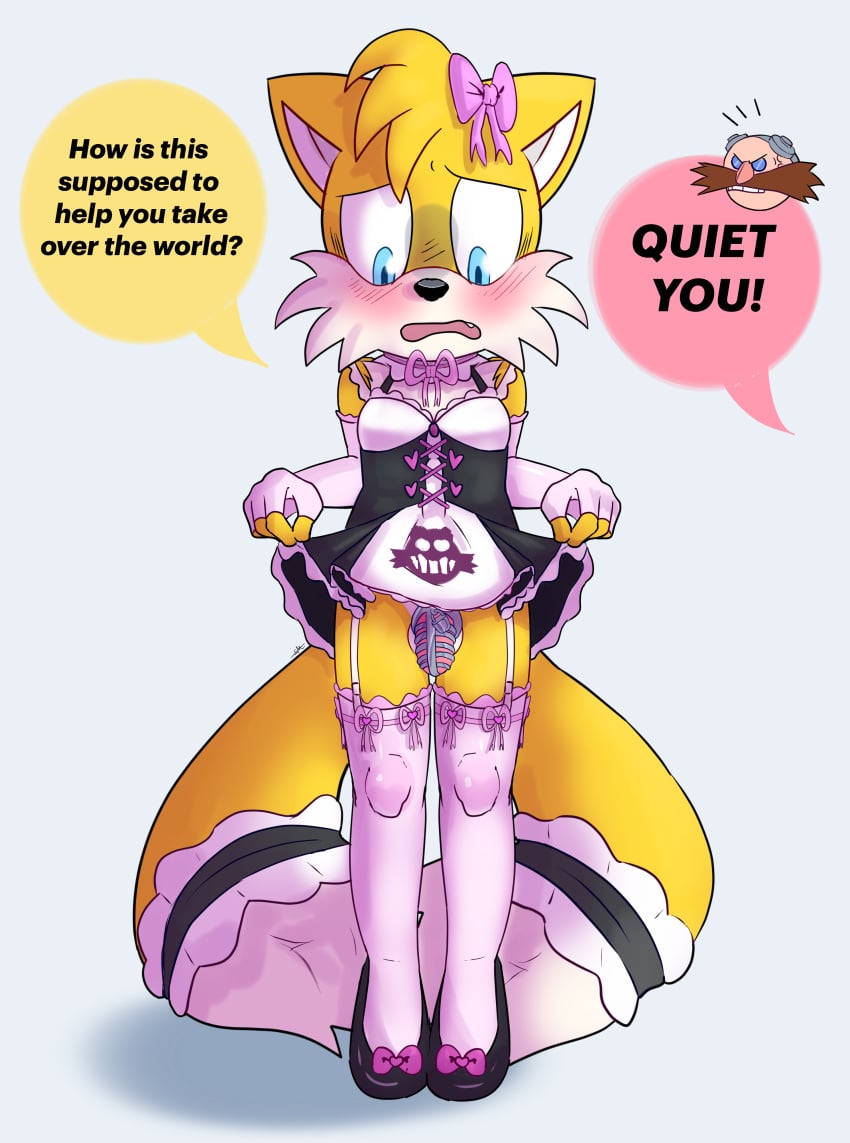 blush chastity_cage crossdressing dialogue dr._eggman femboy furry furry_only maid maid_uniform male male_only miles_prower sega smommo sonic_(series) tails_the_fox