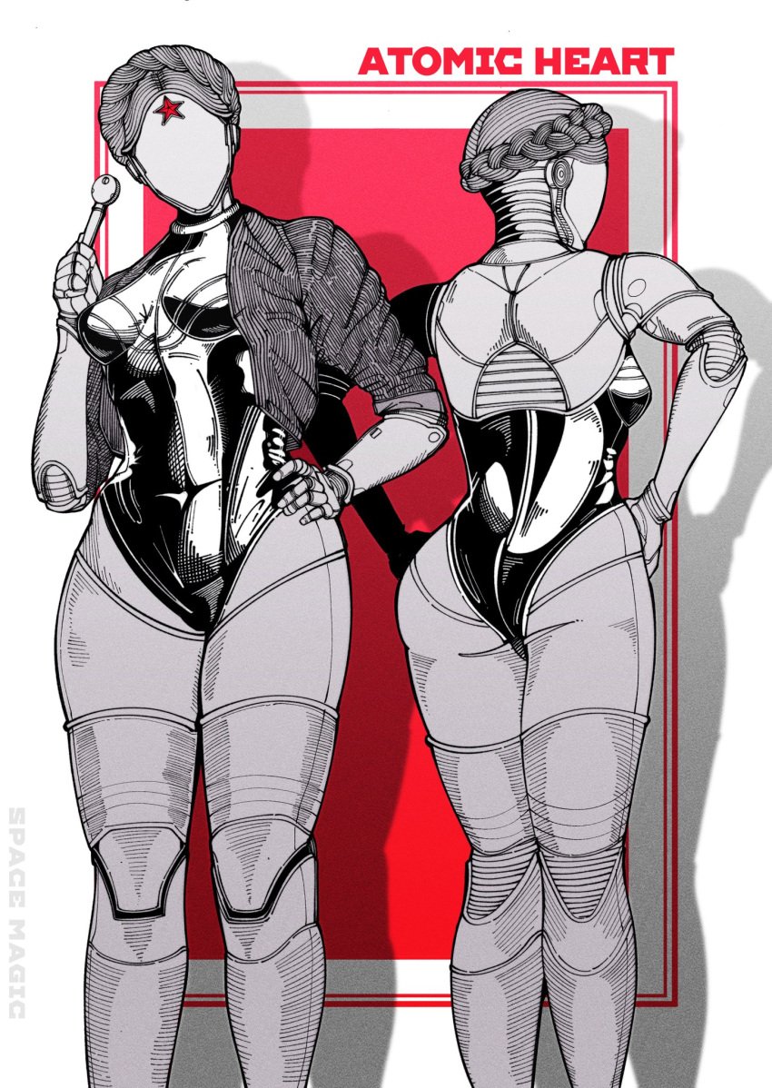 2girls ass atomic_heart breasts clothed clothed_female clothing curvy featureless_face female female_only female_robot gold_jacket gynoid hair holding_object jacket left_(atomic_heart) leotard perky_breasts right_(atomic_heart) robot robot_girl robot_humanoid shiny shiny_suit spacemagic_(artist) the_twins_(atomic_heart) thick_thighs thighs