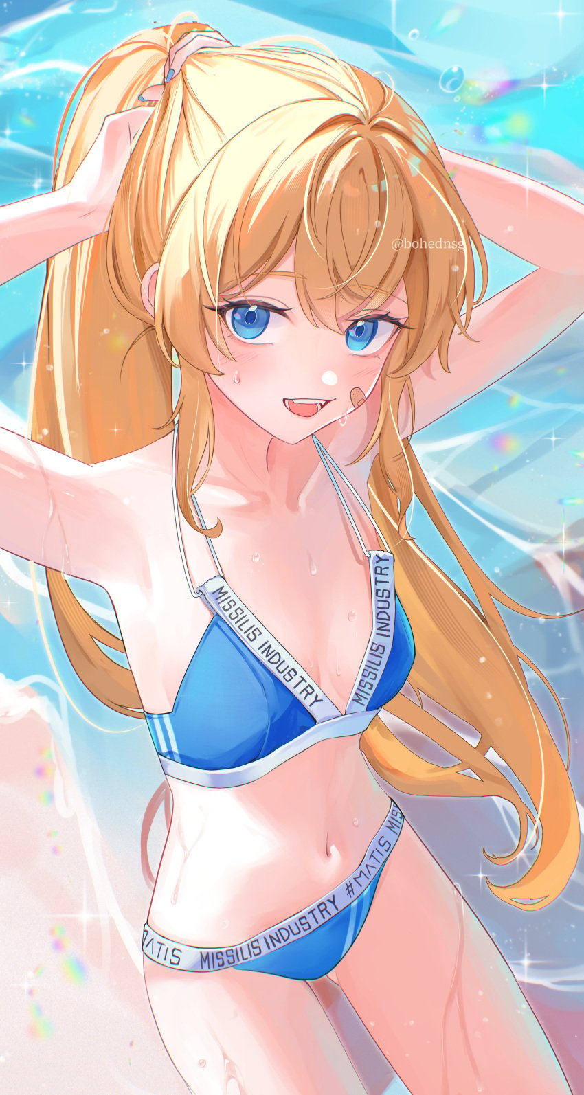 1girls bandage bandaid bandaid_on_cheek bandaid_on_face beach bikini blonde_hair blue_bikini blue_eyes blue_nails blush bohednsg breasts cleavage collarbone female goddess_of_victory:_nikke laplace_(nikke) looking_up looking_up_at_viewer navel ponytail small_breasts solo swimsuit text_on_clothing water wet