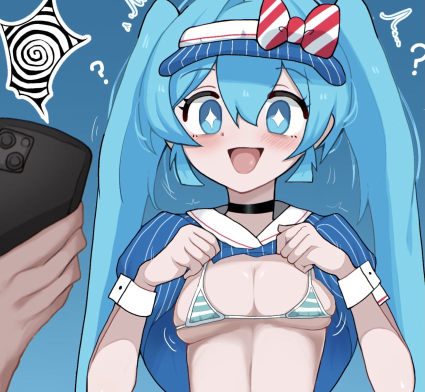 beni_imo blue_eyes blue_hair bowtie breasts cellphone clothes_lift cyan_eyes cyan_hair dress_lift hatsune_miku hypnosis hypnosis_app imminent_hypnosis light-skinned_female mesmerizer_(vocaloid) micro_bikini mind_control open_mouth smile star_shaped_pupils striped_bikini striped_panties twintails vocaloid