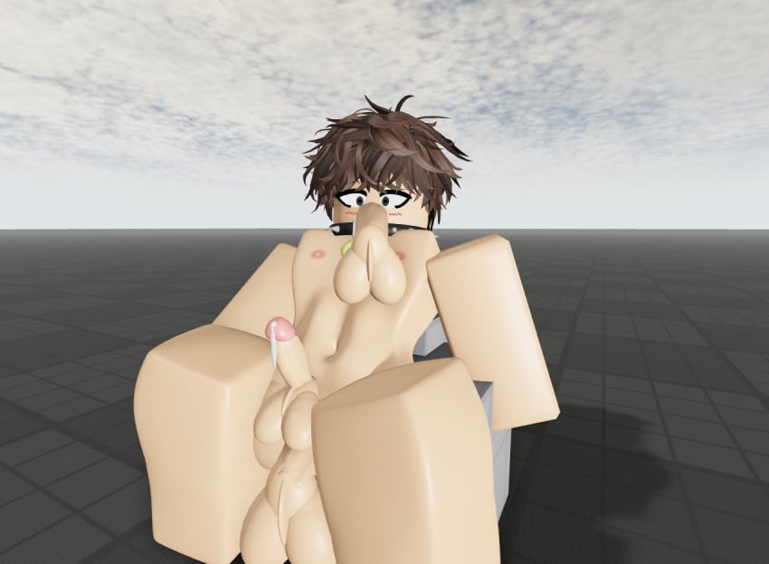 1boy 3d artist_request baseplate boyangsic brown_hair dark_eyes disembodied_penis gay male_only nude pink_tip roblox robloxian source_request tagme veiny_penis