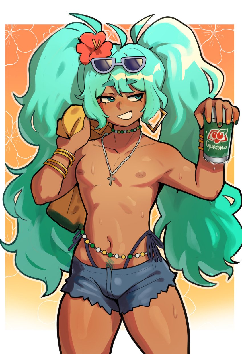 1boy 2024 2d 2d_(artwork) absurd_res accessories accessory artist_name ass belly_button bikini blush blush_lines bra bracelet brazil brazilian brazilian_male brazilian_miku bulge collar cyan_eyes cyan_hair ear_piercing femboy feminine_male flower flower_in_hair gay genderswap_(ftm) girly hand_on_hip hatsune_miku latin_american_hatsune_miku_(meme) long_hair long_hair_male long_twintails looking_at_viewer male male_focus male_only male_with_painted_nails mikuo_hatsune ms_pigtails navel navel_piercing necklace open_mouth otoko_no_ko penis pubic_hair rule_63 shirt shirt_removed short_shorts shorts skyguyart smile soda solo solo_male sunglasses sunglasses_on_head sweatdrop tagme tan tan_body tan_skin tanline tanned tanned_skin thick_hips thick_thighs thighs towel trap turquoise_eyes turquoise_hair twintails unbuttoned unzipped vocaloid yellow_shirt