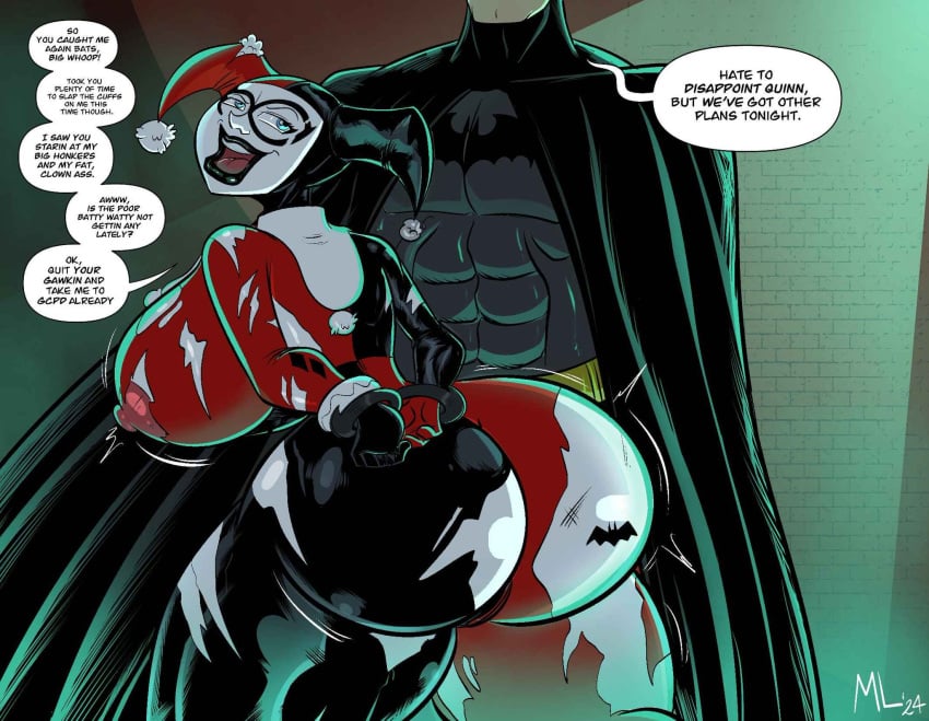 1boy 1boy1girl 1girls 2024 abs ameizing_lewds artist_signature ass back_view bat_symbol batman batman_(series) belt big_ass big_breasts blue_eyes breasts brick_wall bruce_wayne cape cuffs dc dc_comics erect_nipples harleen_quinzel harley_quinn harley_quinn_(classic) huge_ass huge_breasts jester jester_outfit looking_at_another male nipples open_mouth pale-skinned_female pale_skin ripped_clothing shaded sideboob teeth text text_bubble thick_ass thick_thighs thighhighs thighs tongue warner_brothers