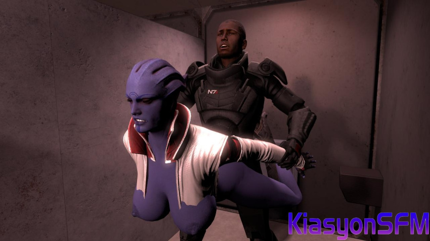 3d alien_girl aria_t'loak armor asari bathroom bisexual commander_shepard dark-skinned_male human_male interspecies kiasyon mass_effect partially_clothed_female partially_clothed_male prison_guard_position purple_skin source_filmmaker