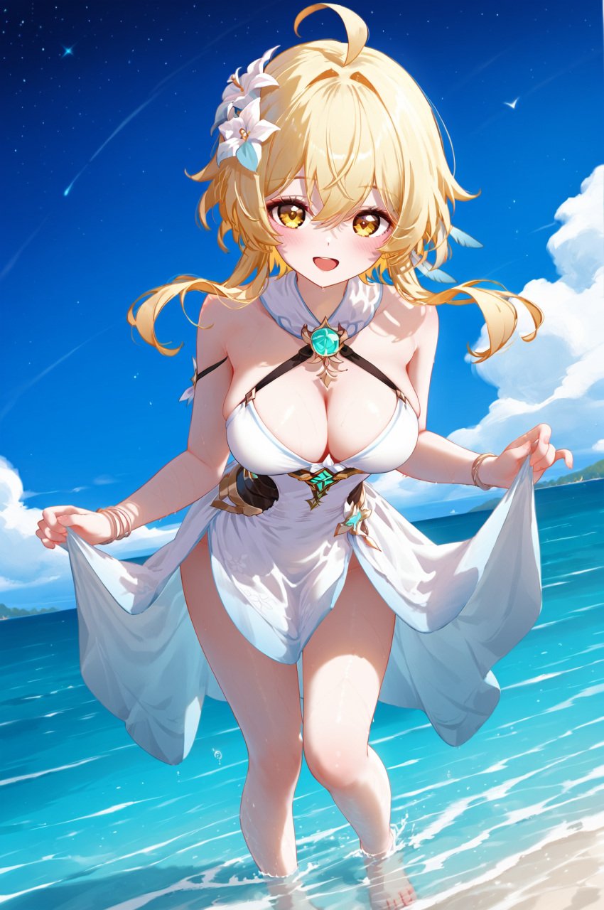 :d absurd_res ahoge ai_generated bangs bare_legs bare_shoulders barefoot beach bird blue_sky blush breasts cleavage cloud criss-cross_halter day dress dutch_angle female genshin_impact halter_dress halterneck horizon large_breasts leaf looking_at_viewer lumine_(genshin_impact) ministro ocean open_mouth outdoors sidelocks skirt_hold sky sleeveless sleevelessd_ress smile solo standing standing_on_one_leg teeth thighs upper_teeth_only wading water wet