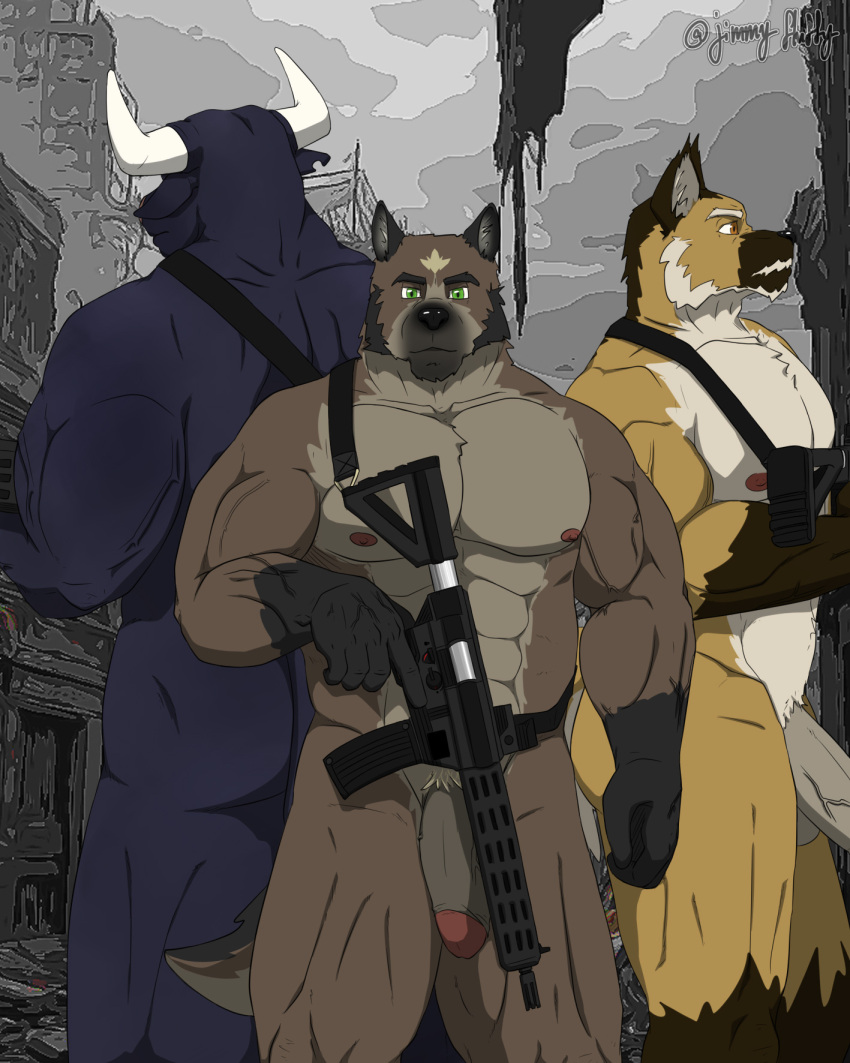 anthro balls bovid bovine canid canine canis cattle domestic_dog erection genitals german_shepherd glans group gun herding_dog hi_res humanoid jimmyfluffy male male/male mammal maned_wolf military muscular muscular_anthro muscular_male nipples nude pastoral_dog penis ranged_weapon trio weapon