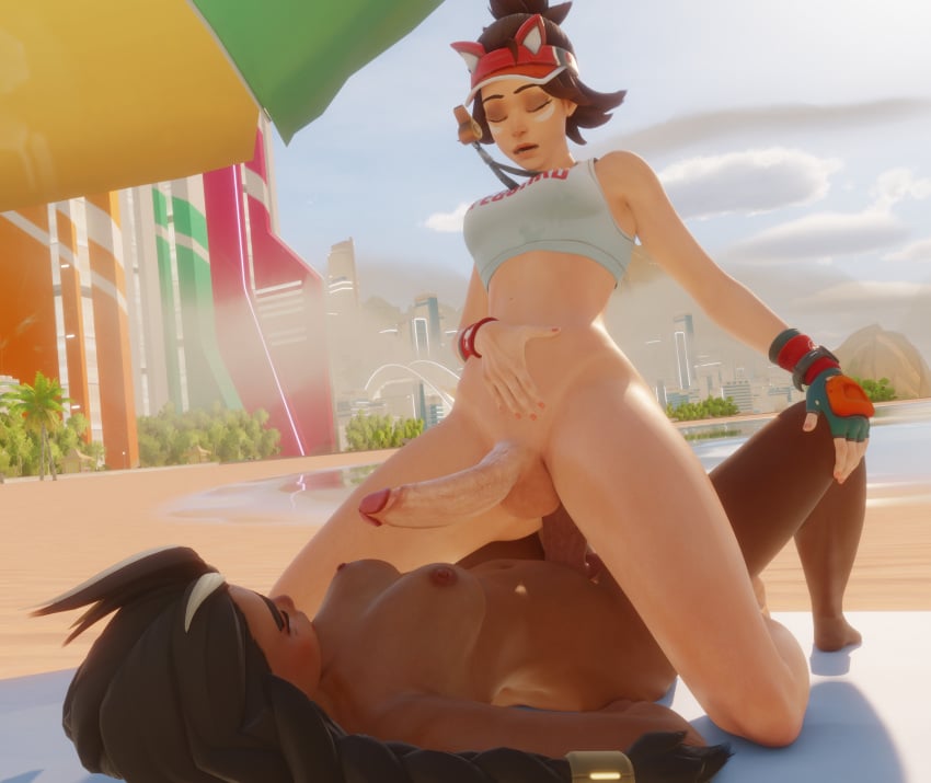 2futas 3d anal beach big_penis bottomless_futanari cowgirl_position dark-skinned_futanari futa_on_futa futa_only futanari illari_(overwatch) johndoeseph kiriko_(overwatch) lifeguard_kiriko light-skinned_futanari looking_pleasured nude_futanari overwatch overwatch_2 retracted_foreskin whistle_(object)