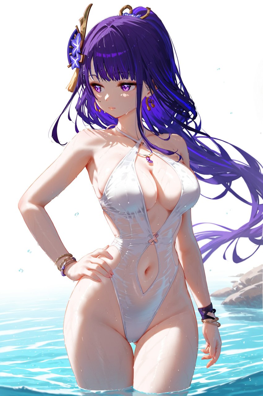 absurd_res ai_generated ass_visible_through_thighs bangs bare_shoulders breasts casual_one-piece_swimsuit cleavage closed_mouth clothing_cutout collarbone cowboy_shot female genshin_impact groin halterneck hand_on_hip highleg highleg_swimsuit large_breasts looking_away looking_to_the_side ministro mole mole_under_eye navel navel_cutout necklace one-piece_swimsuit ponytail raiden_shogun solo swimsuit thigh_gap thighs wading water wet