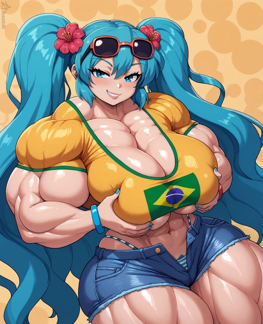 abs ai_assisted ai_generated azazellzai big_muscles blue_eyes blue_hair brazil brazilian brazilian_female brazilian_miku cleavage female flower_in_hair hands_on_own_chest hatsune_miku holding_own_breast long_hair muscular muscular_female muscular_thighs navel pubic_hair shorts solo sunglasses sunglasses_on_head thick_thighs thong thunder_thighs tight_clothing twintails vocaloid