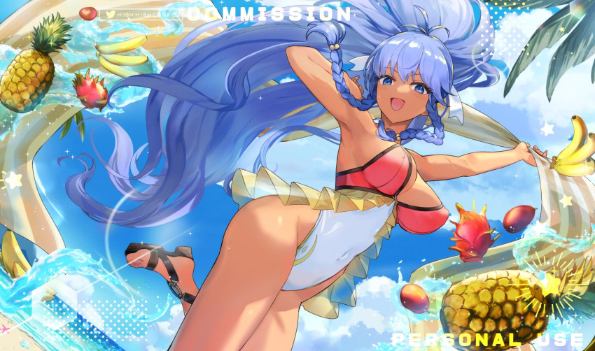 1girls :d alternate_costume arms_up artist_name banana bare_shoulders beach blue_eyes blue_hair braid breasts cleavage commission cowboy_shot female female female_only fire_emblem fire_emblem:_the_sacred_stones fire_emblem_heroes food fruit highres hsin large_breasts long_hair nintendo ocean official_alternate_costume one-piece_swimsuit open_mouth outdoors pineapple ponytail side_braids smile solo swimsuit tan tana_(fire_emblem) tana_(summer)_(fire_emblem) twin_braids watermark