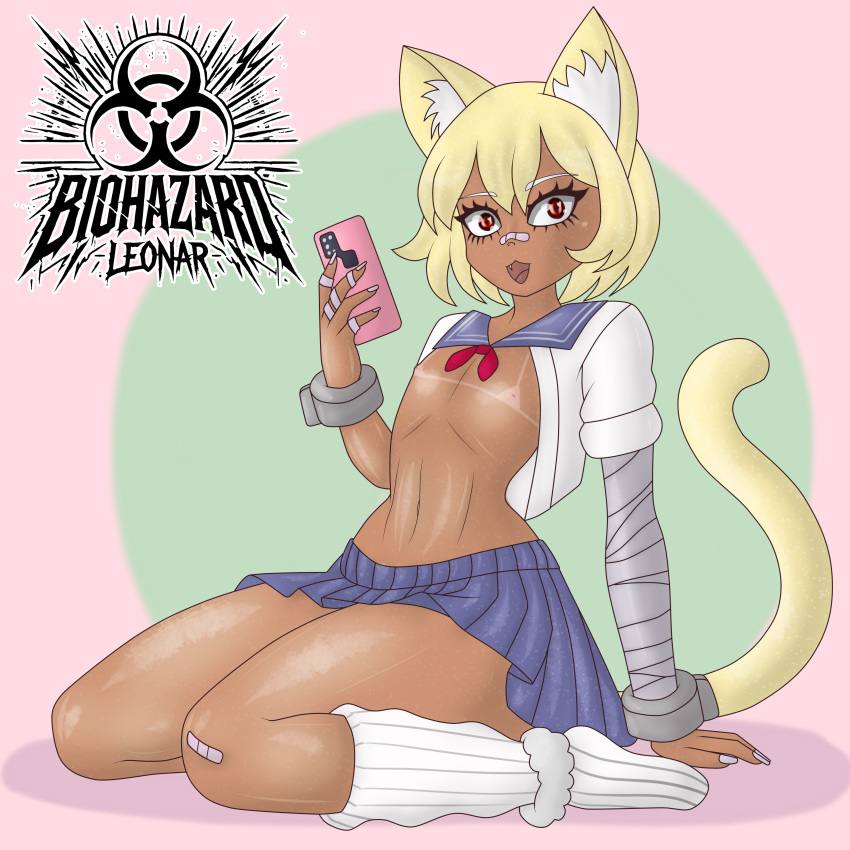 band-aid band-aid_on_nose bandage biohazardleonar blonde_hair cat_ears cat_girl cat_tail catgirl cellphone female female_only flat_chest flat_chested gyaru red_eyes rei_neko school_uniform schoolgirl_uniform solo solo_female tan_lines tan_skin tanned tanned_female tanned_skin