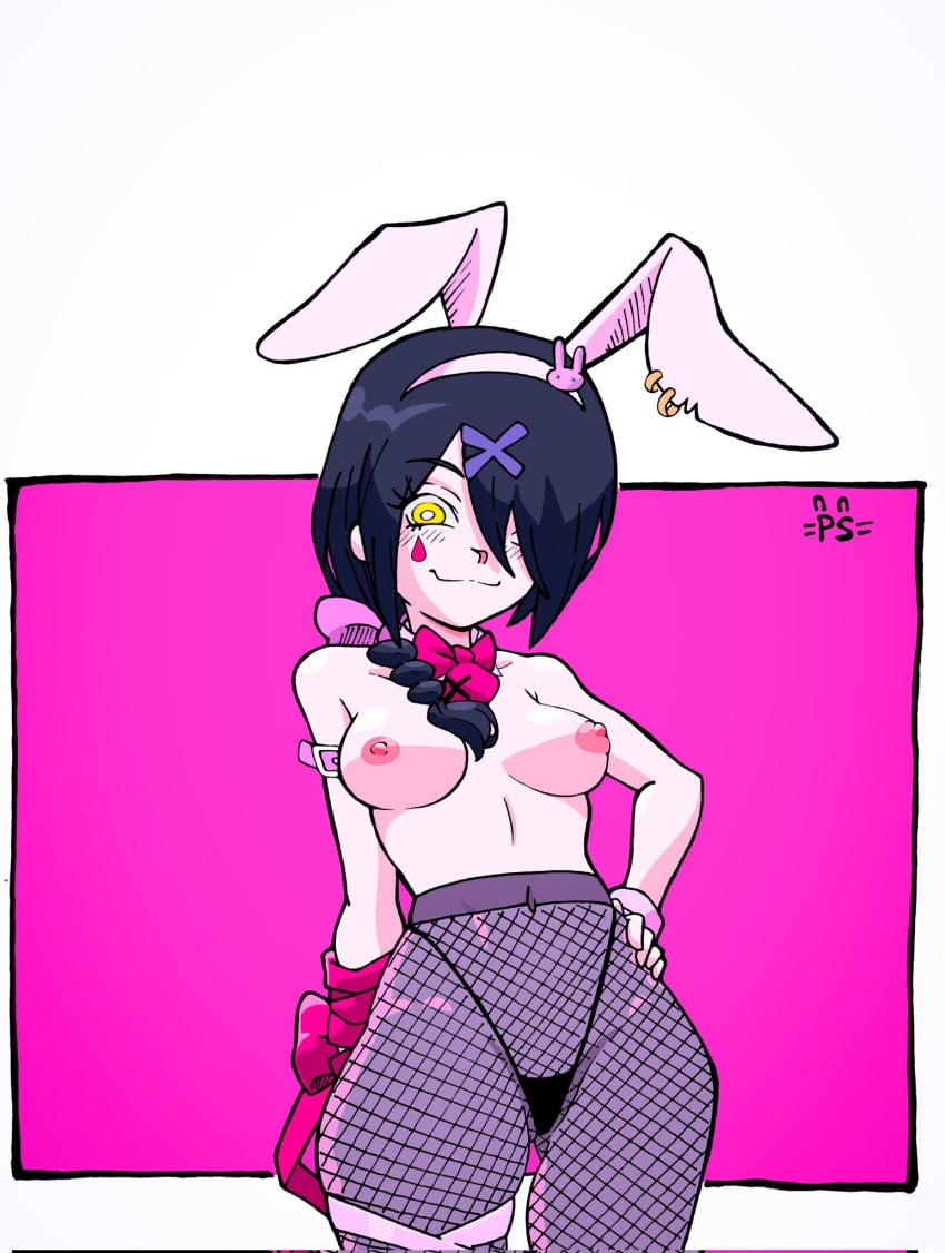 1girls belt black_g-string black_hair blush bow bowtie braid braided_ponytail breasts bunny bunny_ears bunny_hair_ornament bunnysuit chainsaw_man demon demon_girl earrings female fishnet_legwear fishnet_pantyhose fishnets g-string hair_ornament hair_over_one_eye hand_on_hip javierneo7u7 light-skinned_female light_skin long_hair makeup nayuta_(chainsaw_man) pantyhose ponytail ribbon solo solo_female tear yellow_eyes