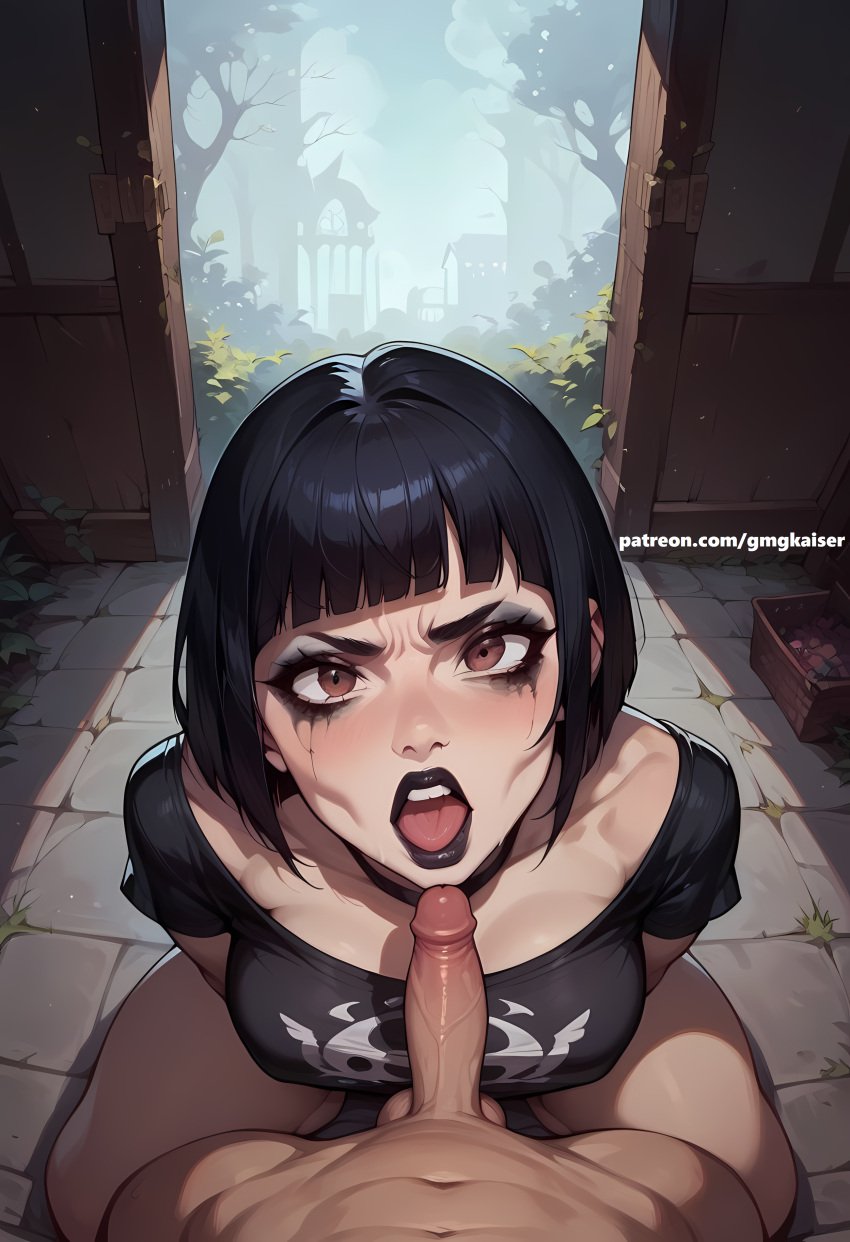 1boy 1girls ai_generated angry angry_face black_hair female gmgkaiser goth goth_girl male normal_breasts short_hair small_penis tagme