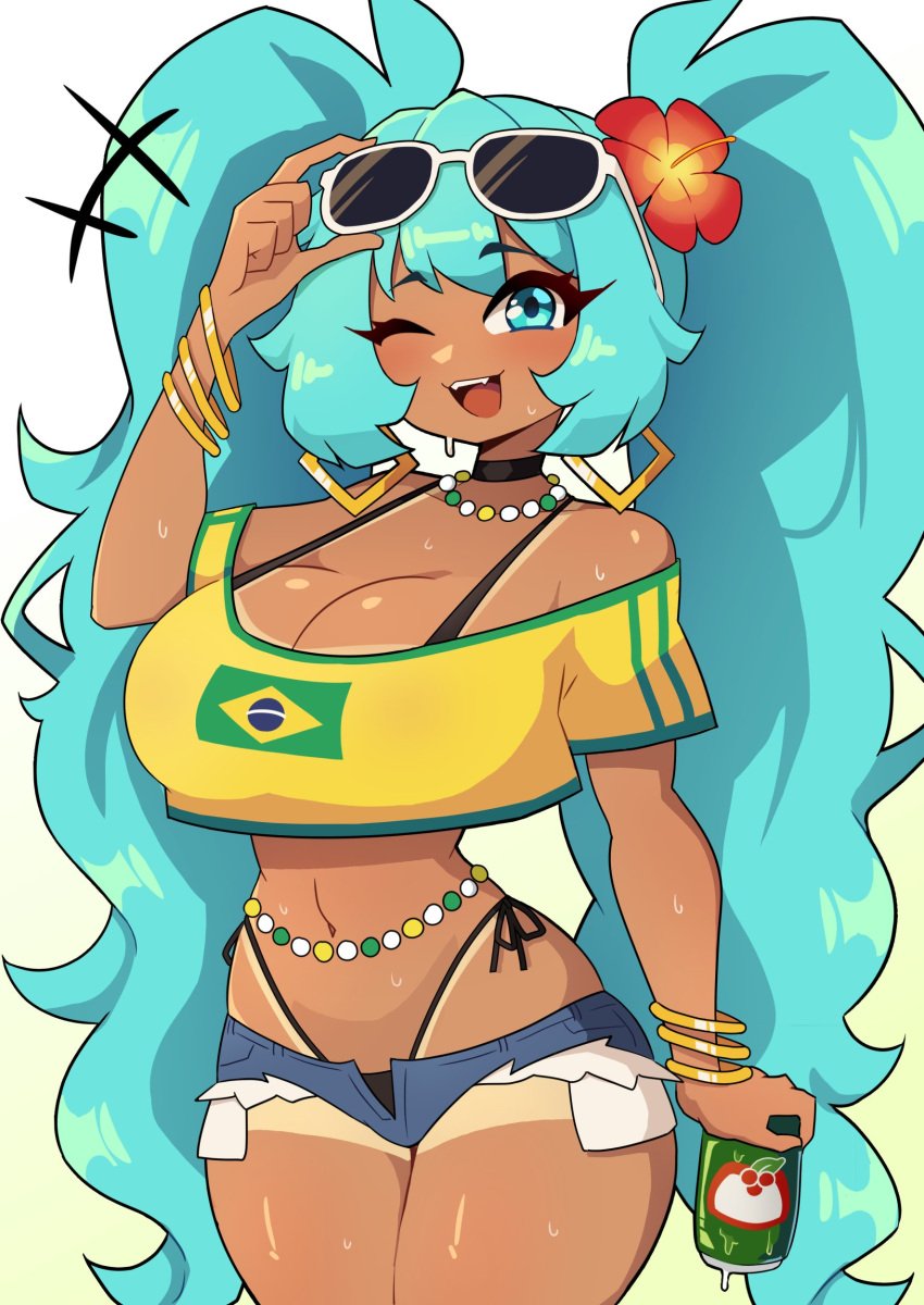 1girls ass big_ass big_breasts big_thighs brazil brazilian brazilian_female brazilian_miku breasts choker cleavage cyan_eyes cyan_hair dark-skinned_female dark_skin female female_only hatsune_miku highleg huge_ass huge_thighs j5daigada latin_american_hatsune_miku_(meme) long_hair looking_at_viewer one_eye_closed shirt short_shorts shorts solo tagme tan tan_body tan_skin tanline thick_hips thick_thighs thighs thong thong_straps twintails vocaloid wide_hips yellow_shirt