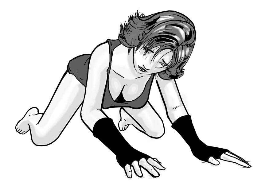 all_fours bare_legs breasts cleavage exercise gloves greyscale legs meryl_silverburgh metal_gear metal_gear_solid pantsless push-up