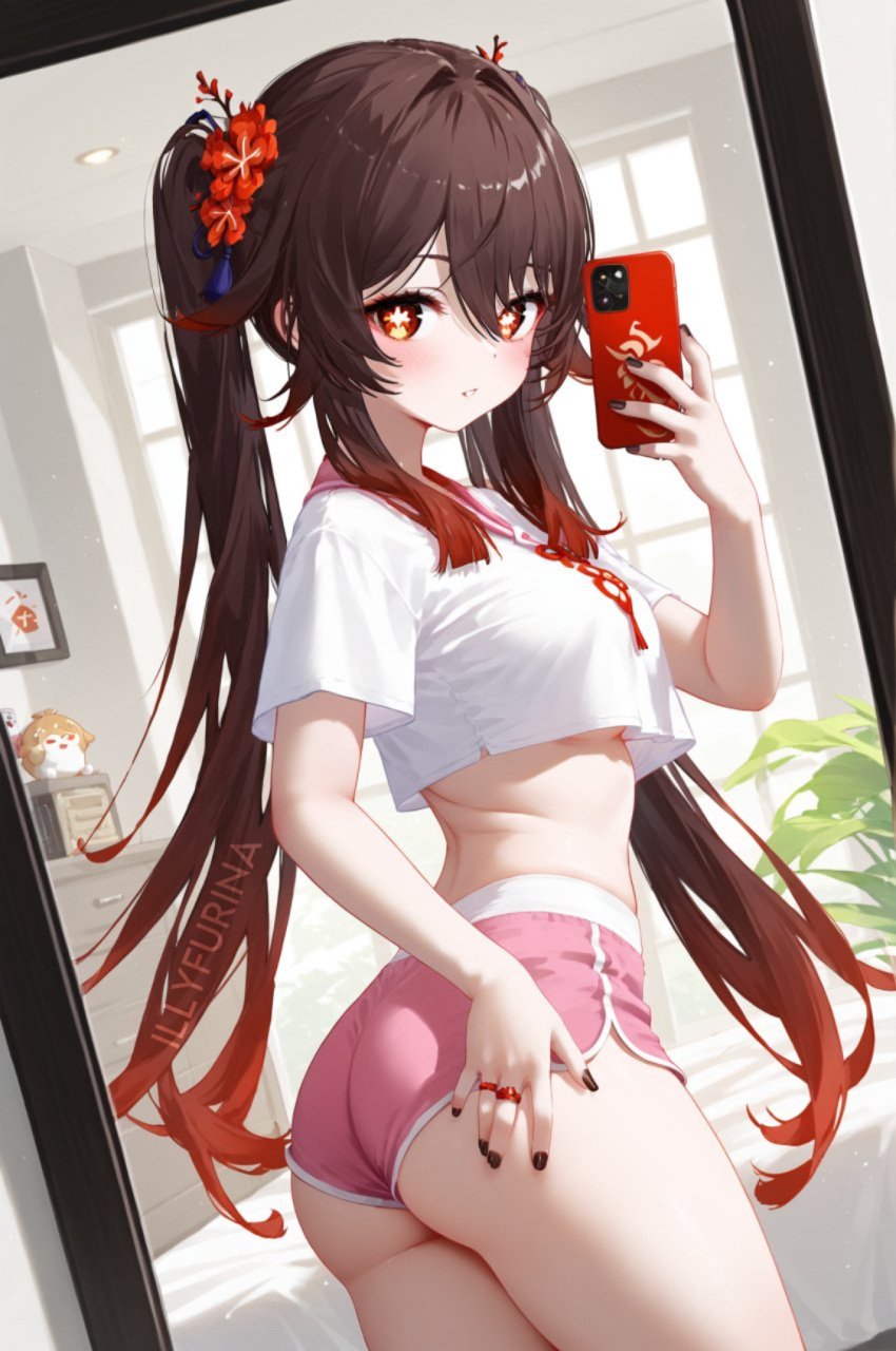 ai_generated ass ass_focus bangs bangs_over_eyes big_ass big_butt black_nails brown_hair female female_focus female_only from_behind from_behind_position genshin_impact hair_ornament hu_tao_(genshin_impact) lips long_hair looking_at_viewer medium_breasts ministro mirror mirror_reflection mirror_selfie mouth nails nose pale-skinned_female pale_skin pink_shorts red_eyes rings seducing seduction seductive seductive_body seductive_eyes seductive_gaze seductive_look seductive_mouth seductive_pose shorts skinny skinny_girl stable_diffusion taking_photo taking_picture taking_selfie twintails waifu_diffusion waist watermark white_shirt woman_focus woman_only yaemik