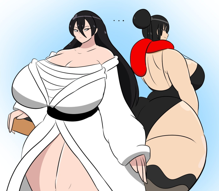 2girls black_dress exposed_legs exposed_shoulders igphhangout japanese japanese_clothes japanese_clothing japanese_female looking_back massive_ass massive_breasts massive_thighs mizu_(igphhangout) ronin_bride_(yinseiryu) small_waist white_dress yinseiryu