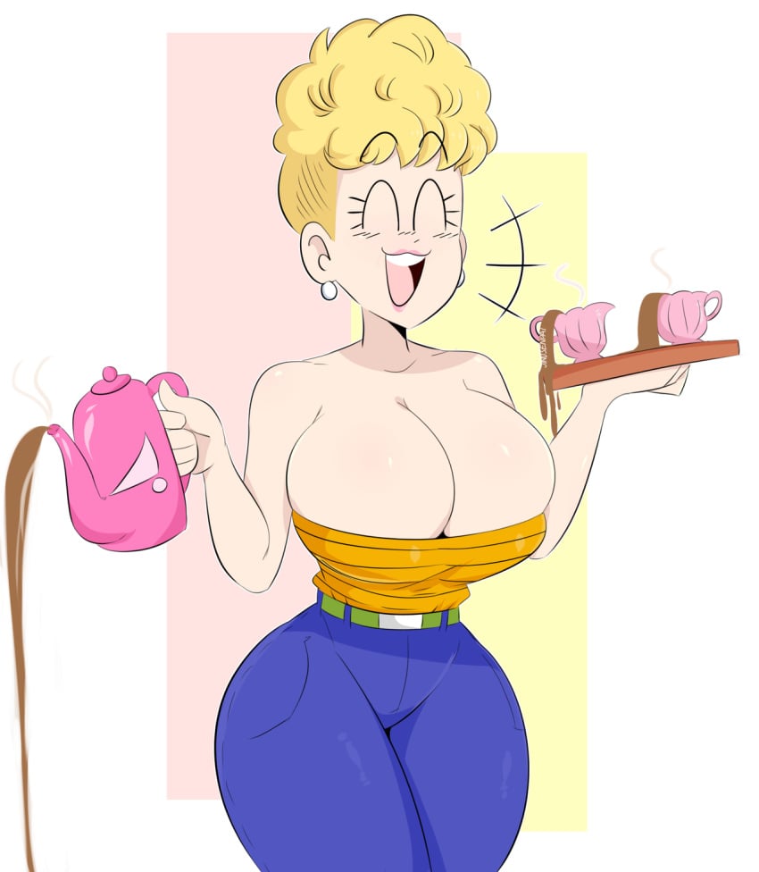 2018 blonde_hair canonical_scene closed_eyes dragon_ball dragon_ball_z earrings holding_kettle holding_tray hourglass_figure huge_breasts jinu lipstick milf open_mouth open_smile panchy panchy_(dragon_ball) panchy_briefs pink_lipstick serving_tray tea_kettle teacup thick_thighs