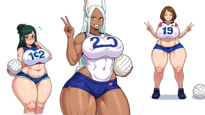 3girls ai_generated athletic_female bbw chubby_female crop_top dark-skinned_female female hi_res hips_wider_than_shoulders huge_breasts inko_midoriya leotard light-skinned_female looking_at_viewer miruko muscular_female my_hero_academia nipple_bulge ochako_uraraka plump rabbit_ears rabbit_girl rumi_usagiyama tagme thick_thighs v volleyball_shorts volleyball_uniform wide_hips widescreen