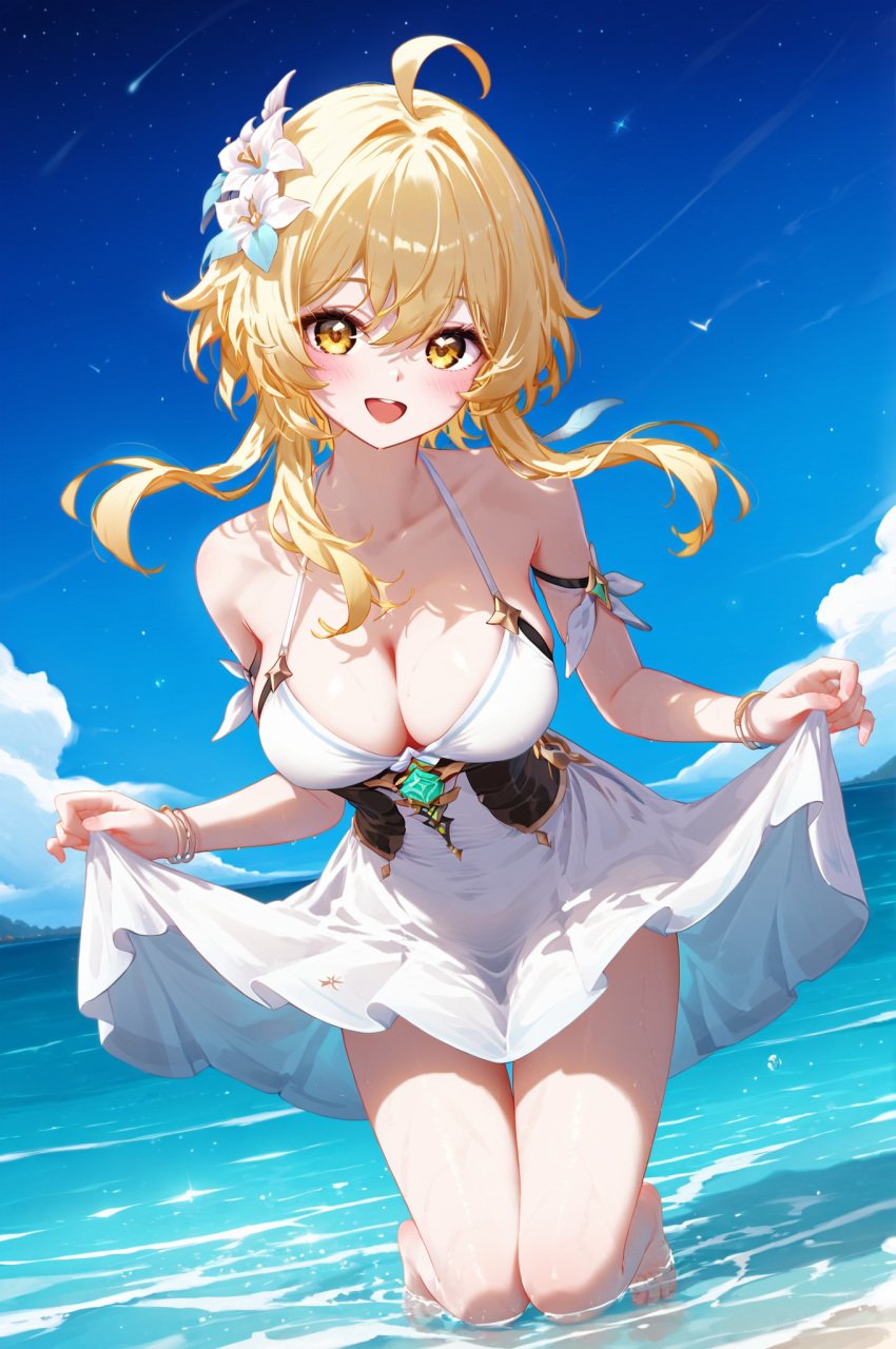 :d absurd_res ahoge ai_generated bangs bare_legs bare_shoulders barefoot beach bird blue_sky blush breasts cleavage cloud criss-cross_halter day dress dutch_angle female genshin_impact halter_dress halterneck horizon large_breasts leaf looking_at_viewer lumine_(genshin_impact) ministro ocean open_mouth outdoors sidelocks skirt_hold sky sleeveless sleevelessd_ress smile solo standing standing_on_one_leg teeth thighs upper_teeth_only wading water wet