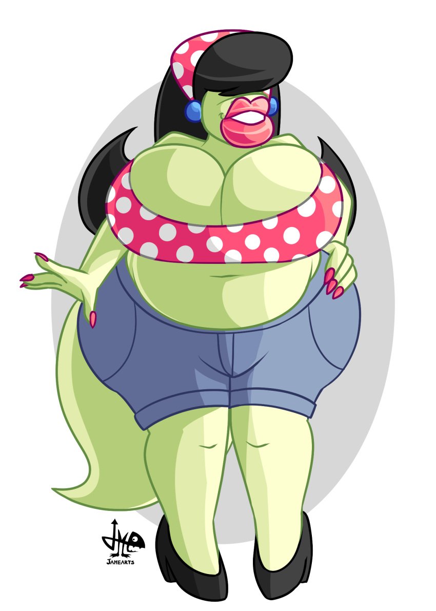 2d 2d_(artwork) anthro bandana belly big_breasts big_lips black_hair chubby chubby_female covered_eyes ear_accessory earrings female female_only flat_colors gecko green_body green_skin hand_on_hip heels hi_res high_heels hips hyper_lips jamearts jeanie_(jamearts) jeans_shorts large_breasts larger_female lips lipstick lizard lizard_girl lizard_tail long nails_painted navel plump_female polka_dot pose posing red_lips scalie short_jeans smile solo_female tail transparent_background wide_hips