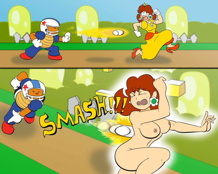 1boy 1girls 2017 ass baseball breasts chargin'_chuck comic female firegon55 human koopa male mario_(series) nintendo nipples nude outdoors princess_daisy running shiningtatsu standing super_mario_3d_world super_mario_bros. supergon55