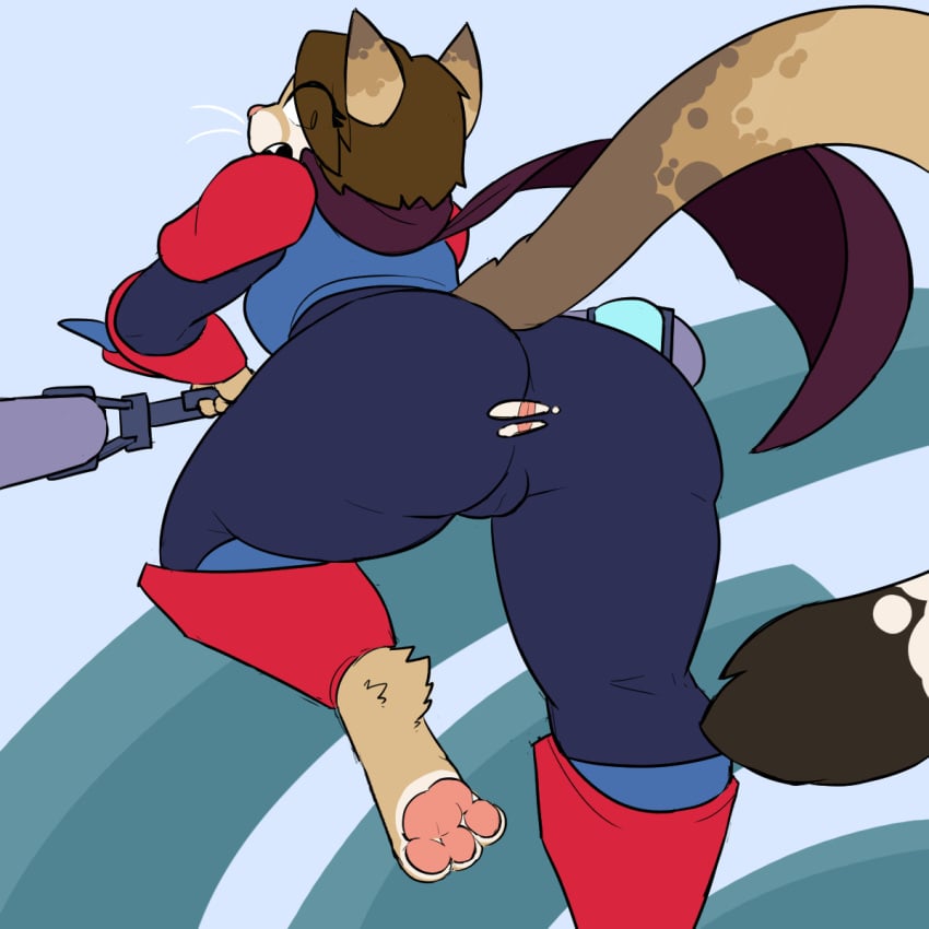 1:1 anthro anus clothed clothing cosplay curvy_figure digital_media_(artwork) domestic_cat exposing_anus felid feline felis female helia_peppercats hi_res holding_object holding_weapon huntress_(risk_of_rain) looking_back mammal onetiredbear ranged_weapon risk_of_rain simple_background solo tight_clothing torn_clothing wardrobe_malfunction weapon