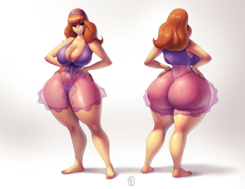 ass ass_focus backboob big_breasts big_butt breasts cleavage clothed daphne_blake fat_ass female female_only hands_on_hips huge_ass large_ass large_breasts pajamas red_hair red_head revealing_clothes scooby-doo see-through see-through_clothing sideass signature text thick_thighs thighs wayo zrhap