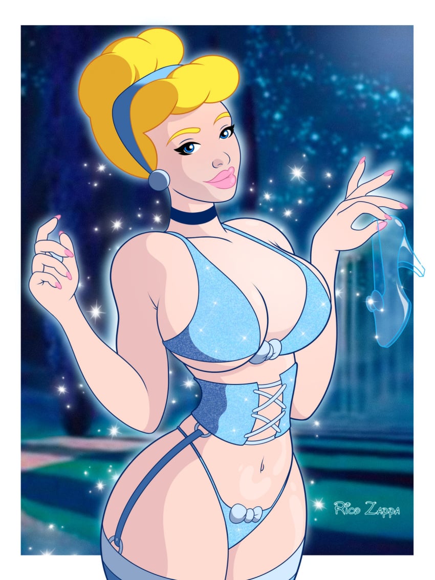 big_breasts blonde_hair blue_eyes bra breasts bustier choker cinderella_(1950_film) cinderella_(disney) disney disney_princess earring glass_slipper looking_at_viewer panties ricozappa