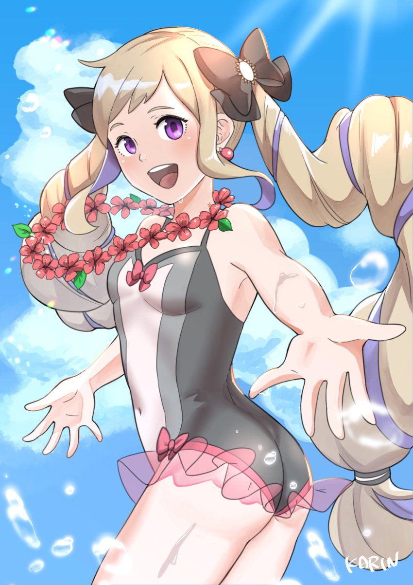 1girls 6nutqd2kwd0iqcl :d absurdres alternate_costume ass big_ass black_one-piece_swimsuit black_ribbon black_swimsuit blonde_hair blue_sky breasts casual_one-piece_swimsuit cloud drill_hair elise_(fire_emblem) elise_(summer)_(fire_emblem) female female_only fire_emblem fire_emblem_fates flower flower_necklace hair_ribbon happy highres jewelry lei long_hair looking_back multicolored_hair nintendo offering_hand official_alternate_costume one-piece_swimsuit purple_eyes purple_hair ribbon sky small_breasts smile splashing streaked_hair swimsuit twin_drills twintails wet