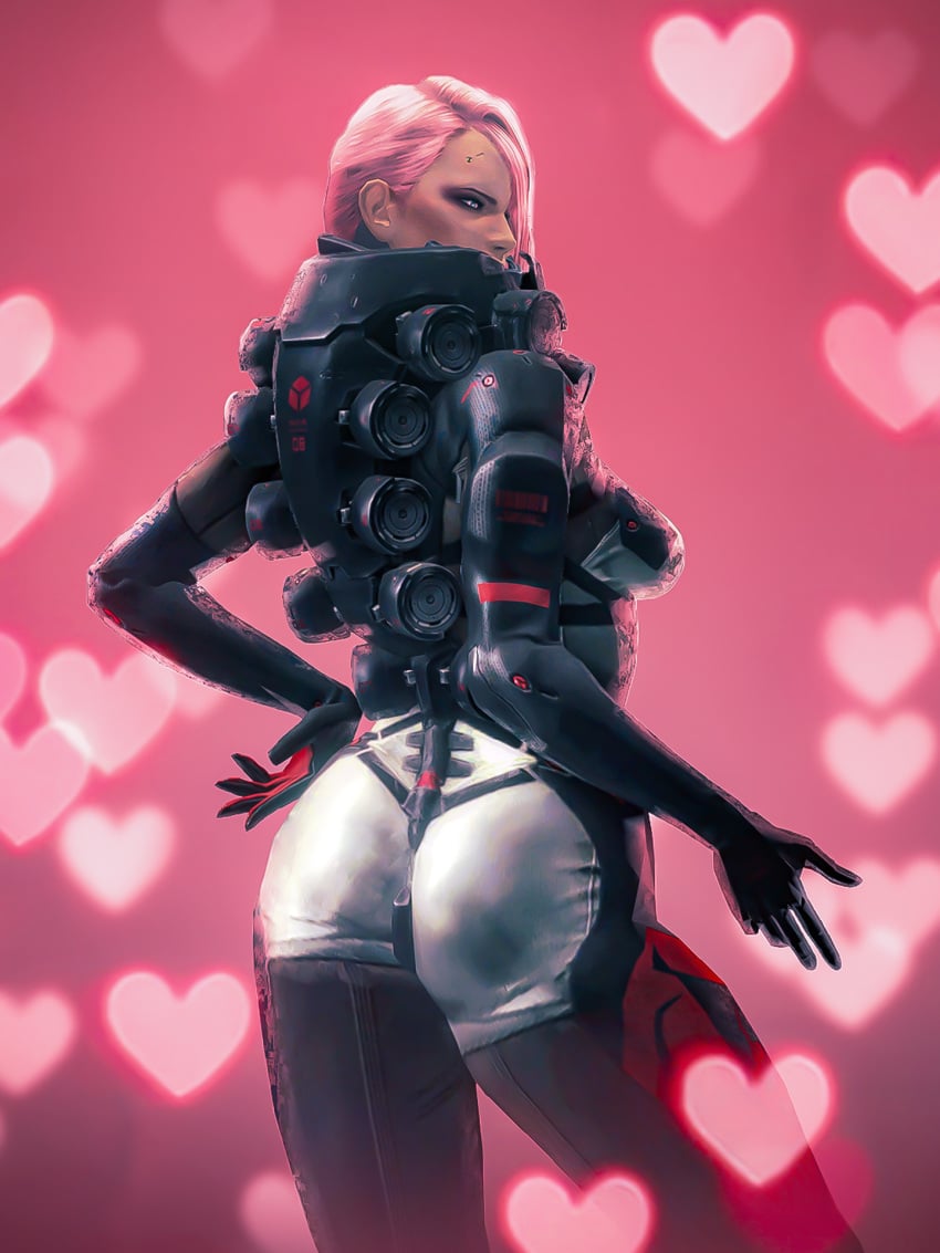 back_view big_ass bodysuit french heart_symbol metal_gear_rising mistral_(metal_gear_rising) pink_hair screenshot stellasin thighhighs tight_clothes