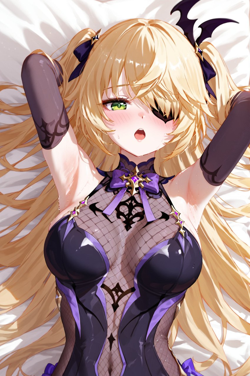 absurd_res ai_generated armpits arms_behind_head arms_up bangs bare_shoulders bed_sheet blonde_hair blush bodystocking bow bowtie breasts detached_sleeves eyepatch female fischl_(genshin_impact) fishnets genshin_impact green_eyes looking_at_viewer medium_breasts ministro open_mouth solo sweat two_side_up upper_body