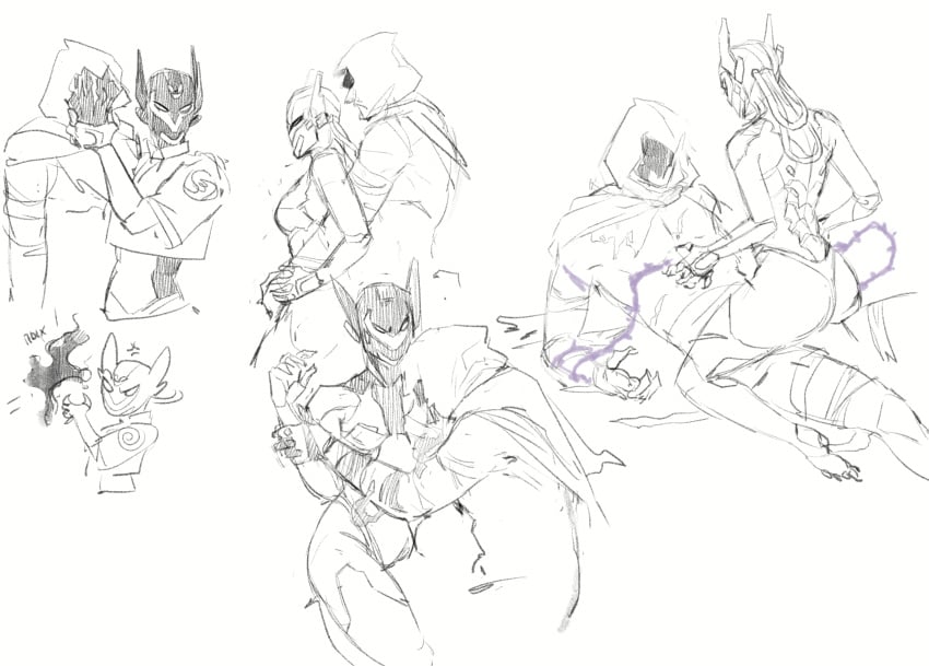 breasts cloak female hood male male/female omen_(valorant) sketch tagme valorant vyse_(valorant)