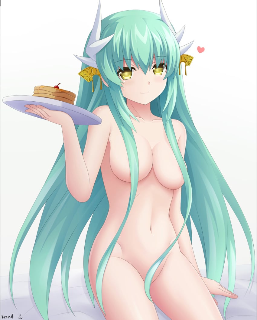 arm_support breasts cherry fate/grand_order fate_(series) female food green_hair hair_over_breasts heart keenh kiyohime_(fate/grand_order) nude pancake simple_background sitting smile solo white_background yellow_eyes