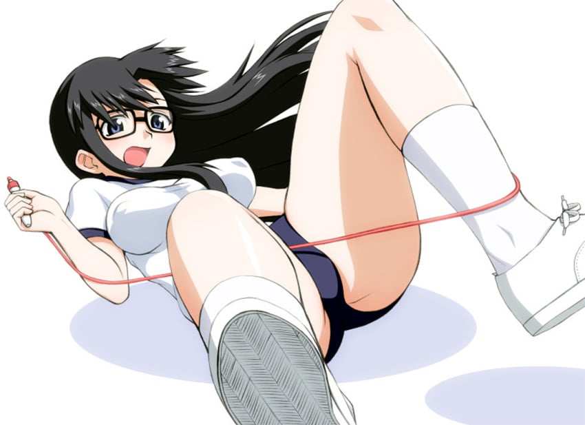 absurdres black_hair blue_eyes breasts buruma clumsy covered_nipples elf_k entangled female glasses gym_uniform highres jump_rope large_breasts long_hair open_mouth read_or_die resized socks solo third-party_edit upscaled yomiko_readman