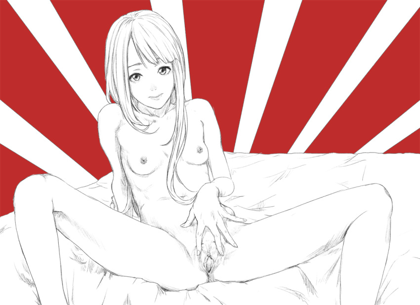 breasts clitoris female grayscale greyscale_with_colored_background long_hair long_legs looking_at_viewer nipples original pussy rising_sun_flag skinny small_breasts solo spread_pussy sunburst tamerai_zero uncensored