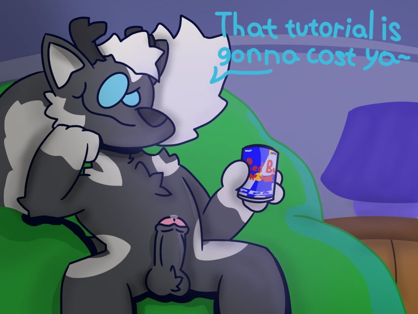 4:3 anonymous_artist anthro artist bean_bag big_tail bodily_fluids deer dominant fur genital_fluids genitals grey_body grey_fur hi_res holding_object hybrid male mammal mephitid penis popufur precum presenting red_bull seductive skunk solo solo_male tail toony youtube youtuber zillion_ross zillion_ross_(character) zillionross