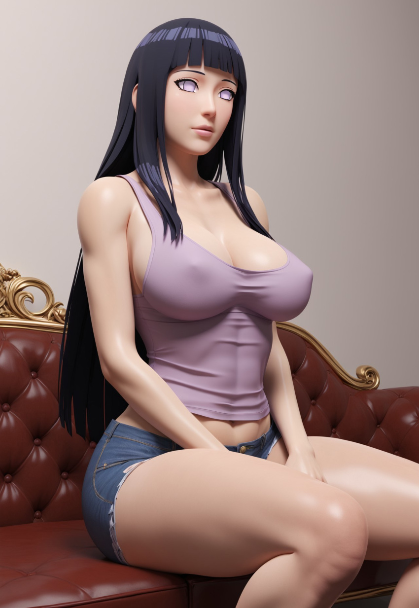 ai_generated big_breasts black_hair couch couch_sitting denim_shorts hyuuga_hinata large_breasts long_hair looking_at_viewer naruto naruto_(series) naruto_shippuden no_pupils purple_eyes purple_tank_top purple_topwear shorts sitting sitting_on_couch small_waist tank_top tanktop