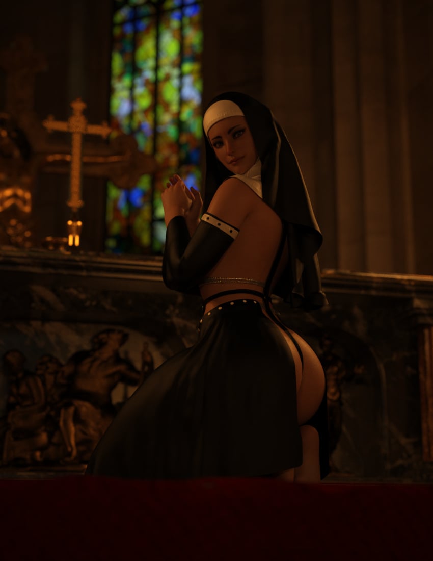 3d 3d_(artwork) barefoot black_nails chun-li church cross daz3d daz_studio feet happy happy_female kneeling looking_at_viewer moody_lighting nun nun_outfit praying red_carpet religion religious_clothing religious_headwear religious_symbols stained_glass street_fighter street_fighter_6