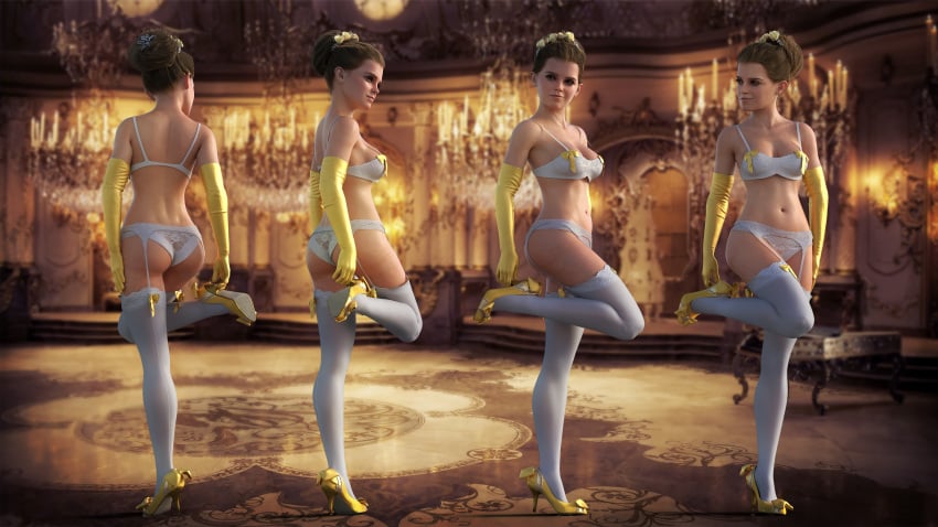 1girls 3d ass beauty_and_the_beast belle_(beauty_and_the_beast) bra breasts brown_hair butt celebrity data_mining disney emma_watson female garter_belt garter_straps lingerie panties real_person solo turnaround underwear