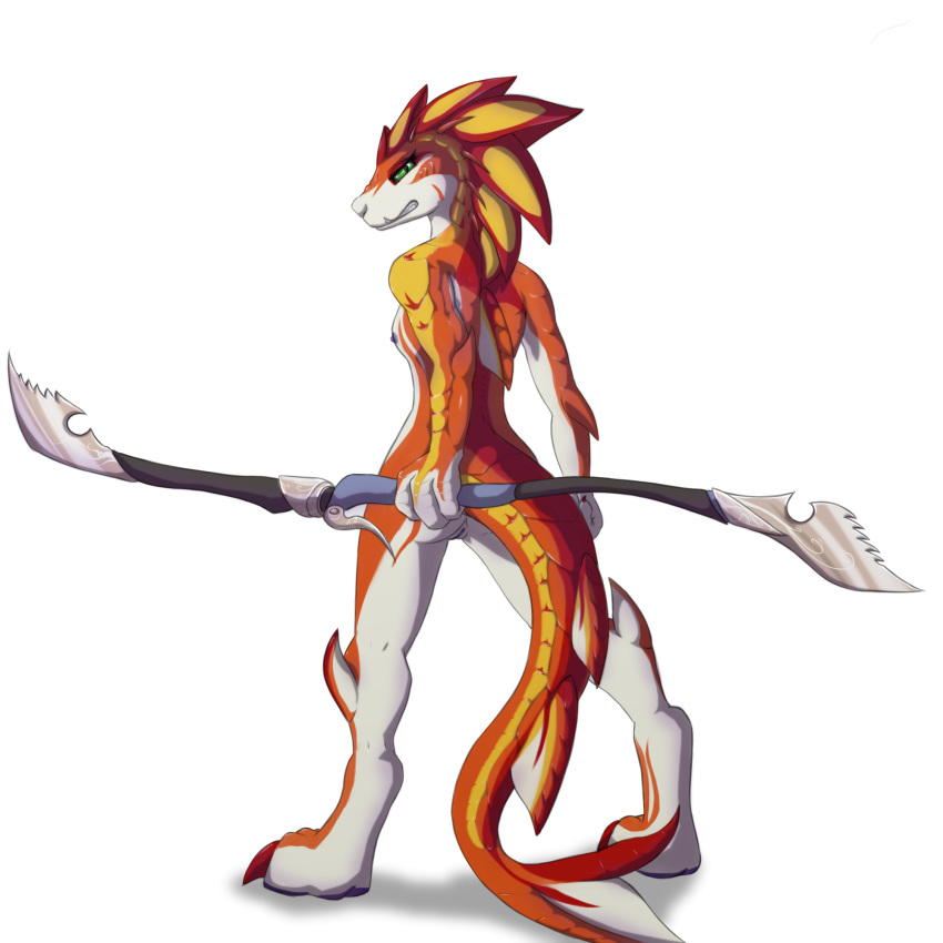 2017 alpha_channel anthro athletic breasts claws digitigrade fangs female full_length green_eyes leyanor melee_weapon nipples nude orange_scales polearm pose pussy rear_view red_scales reptile scales scalie simple_background slit_pupils small_breasts solo toe_claws toothy_grin transparent_background weapon white_scales