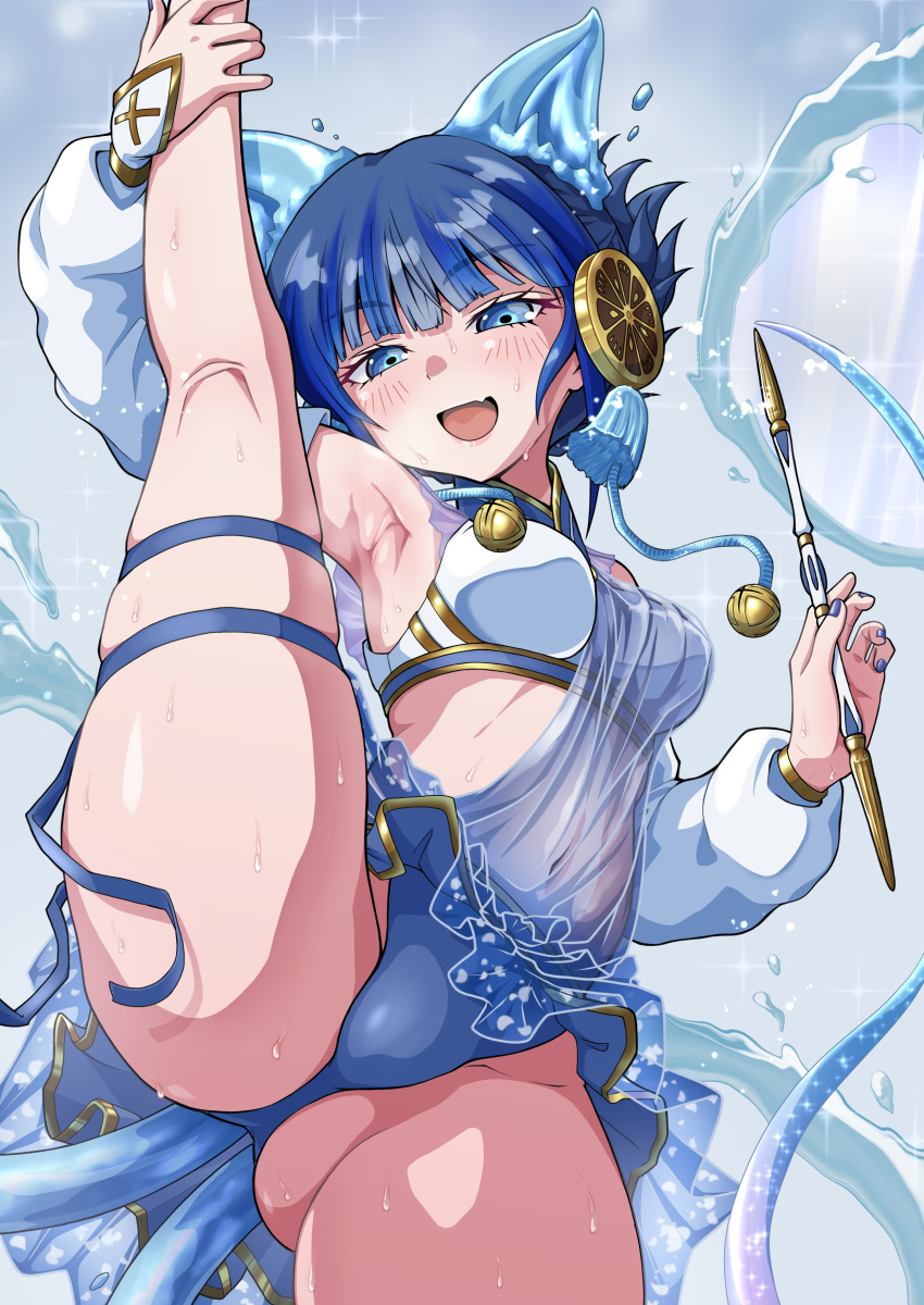 2_tails armpits ass blue_eyes blue_hair cat_ears cat_tail clothed duel_monster female hair_ornament i-pose lifting_leg multi_tail ni-ni_the_mirror_mikanko panties smile stomach tagme_(artist) water yu-gi-oh!