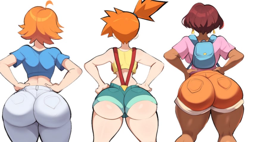 3girls ai_generated ass back back_view ben_10 big_ass crossover dark-skinned_female dark_skin dat_ass dora_marquez dora_the_explorer female/female gwen_tennyson hands_on_hips kasumi_(pokemon) latina mullon novelai orange_hair overalls pokemon pokemon_(anime) shorts that_ass_was_fat trio trio_focus