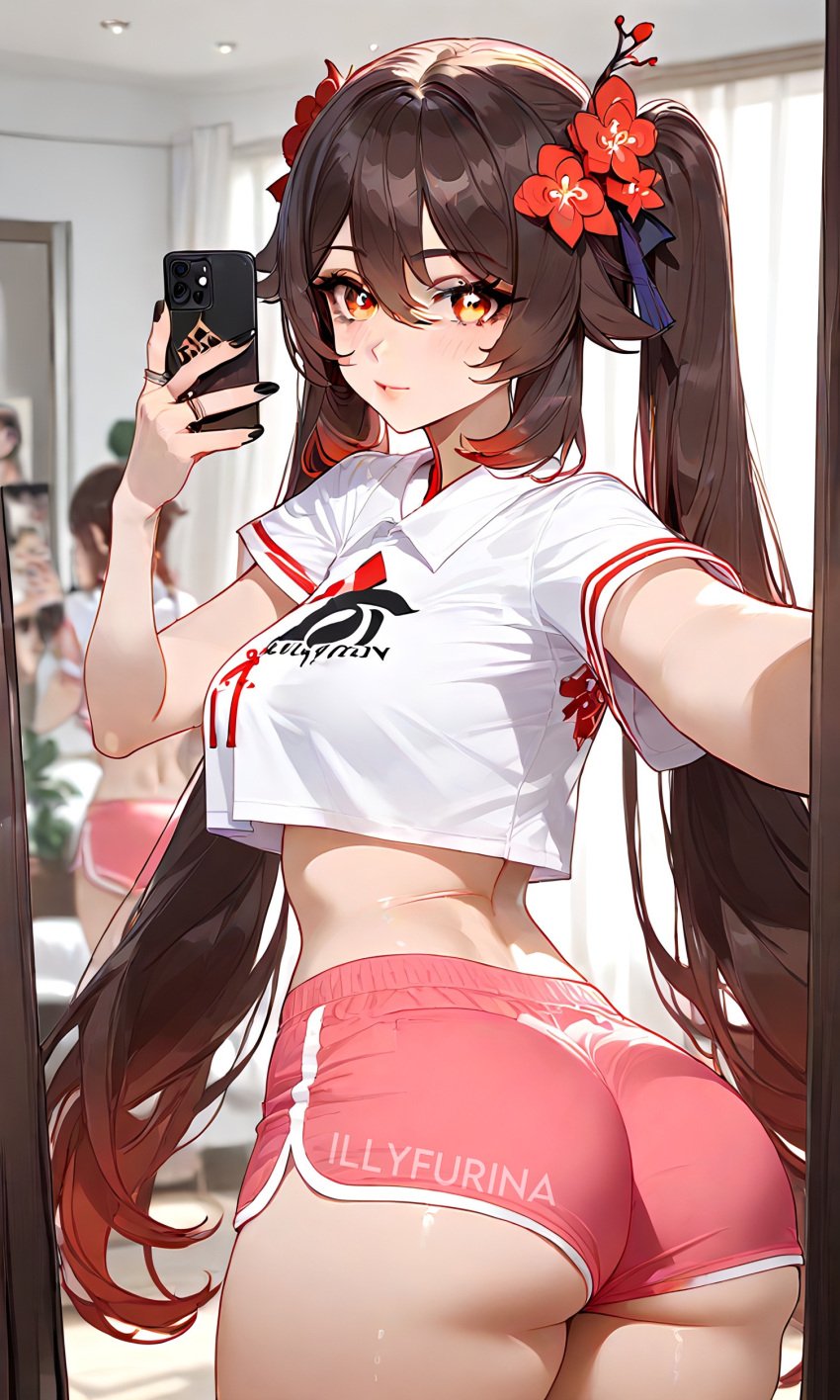 ai_generated ass ass_focus bangs bangs_over_eyes big_ass big_butt black_nails brown_hair female female_focus female_only from_behind from_behind_position genshin_impact hair_ornament hu_tao_(genshin_impact) illyfurina lips long_hair looking_at_viewer medium_breasts mirror mirror_reflection mirror_selfie mouth nails nose pale-skinned_female pale_skin pink_shorts red_eyes rings seducing seduction seductive seductive_body seductive_eyes seductive_gaze seductive_look seductive_mouth seductive_pose shorts skinny skinny_girl stable_diffusion taking_photo taking_picture taking_selfie twintails waifu_diffusion waist watermark white_shirt woman_focus woman_only