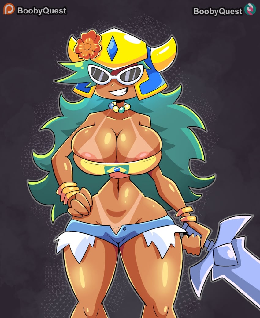 1girls areola_slip big_breasts bikini_tan booby_knight_(drshanks24) bracelets brazilian_flag drshanks24 female female_only flower_on_head green_hair hand_on_hip helmet hi_res jean_shorts latin_american_hatsune_miku_(meme) long_hair meme minishorts pearl_necklace smiling solo sunglasses sword tan_skin tanline teeth_showing thick_thighs wide_hips